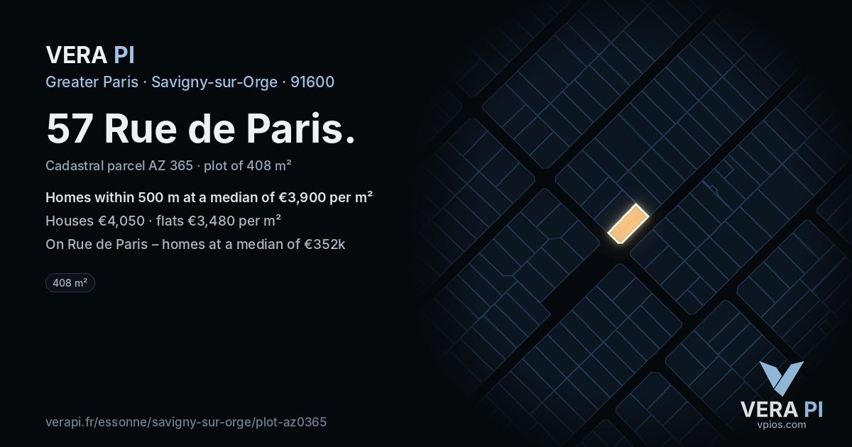 57 Rue de Paris, Savigny-sur-Orge at night – the plot lit, the parcels around coloured by the prices near them