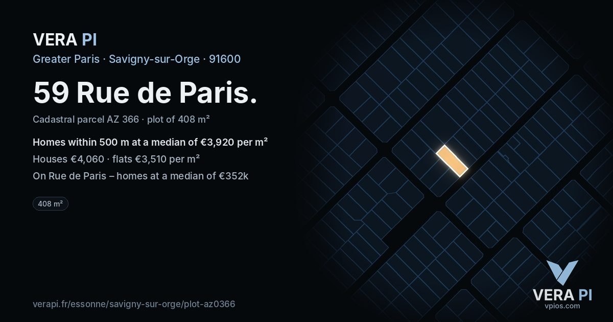 59 Rue de Paris, Savigny-sur-Orge at night – the plot lit, the parcels around coloured by the prices near them