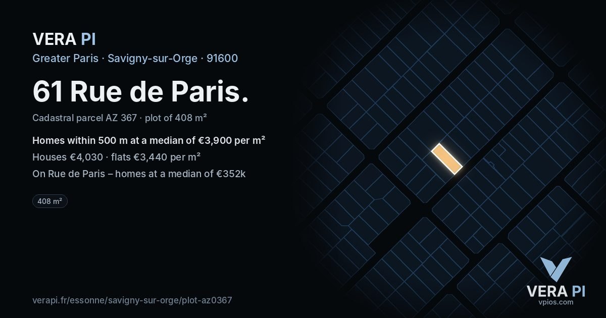 61 Rue de Paris, Savigny-sur-Orge at night – the plot lit, the parcels around coloured by the prices near them