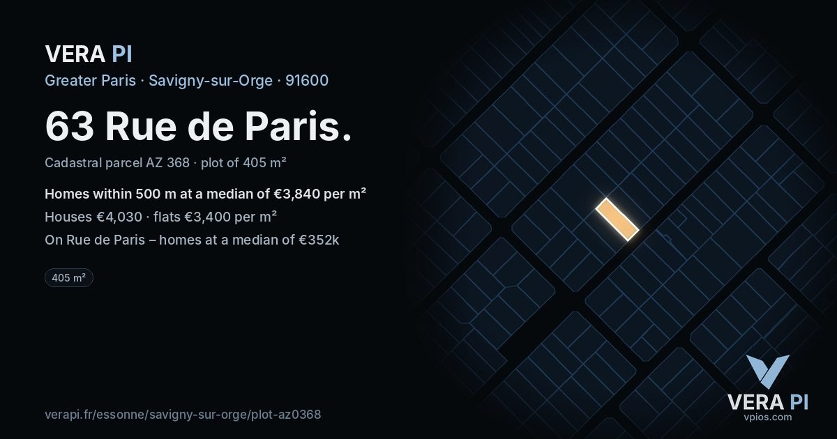 63 Rue de Paris, Savigny-sur-Orge at night – the plot lit, the parcels around coloured by the prices near them
