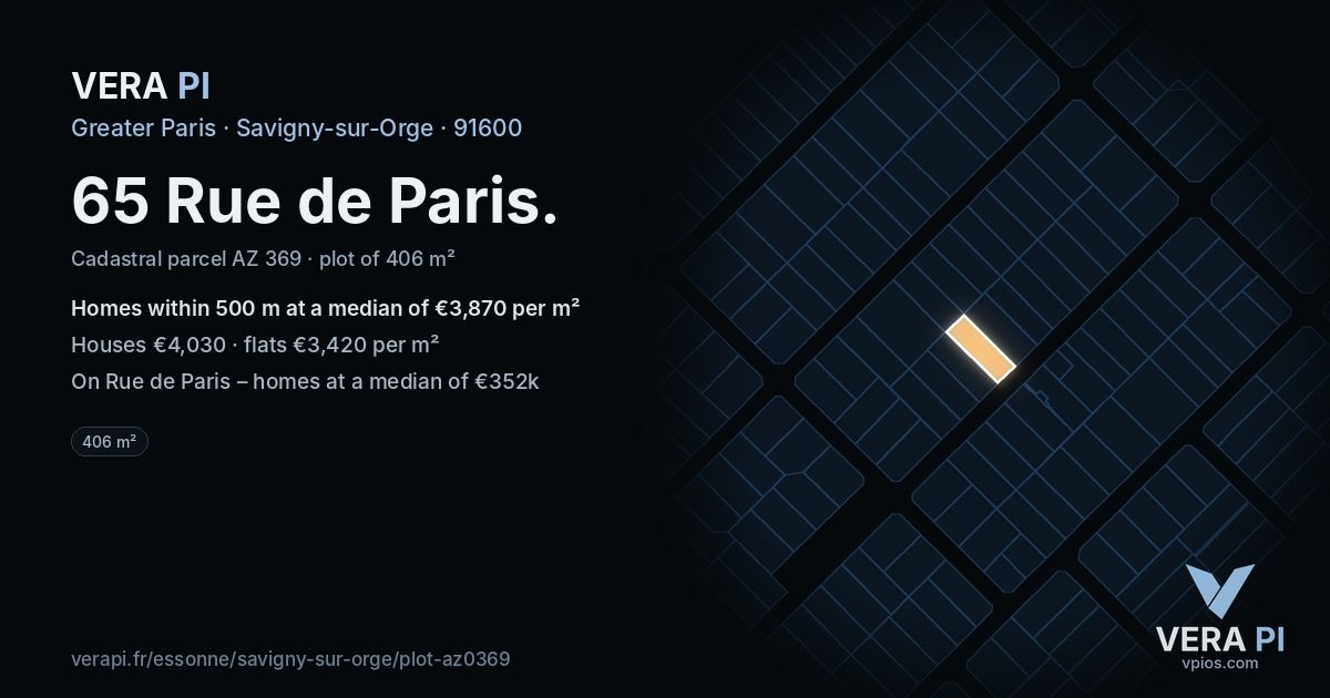 65 Rue de Paris, Savigny-sur-Orge at night – the plot lit, the parcels around coloured by the prices near them