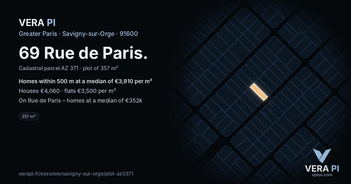 69 Rue de Paris, Savigny-sur-Orge at night – the plot lit, the parcels around coloured by the prices near them
