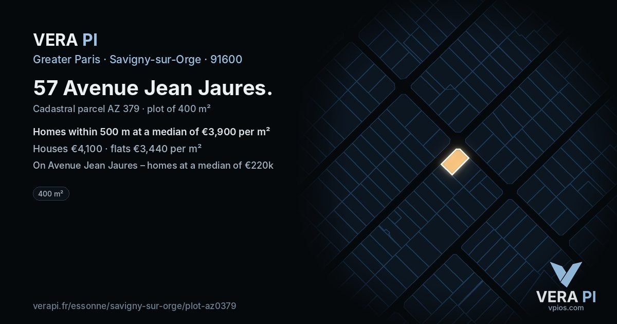 57 Avenue Jean Jaures, Savigny-sur-Orge at night – the plot lit, the parcels around coloured by the prices near them