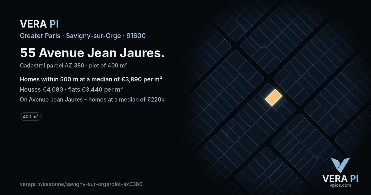 55 Avenue Jean Jaures, Savigny-sur-Orge at night – the plot lit, the parcels around coloured by the prices near them