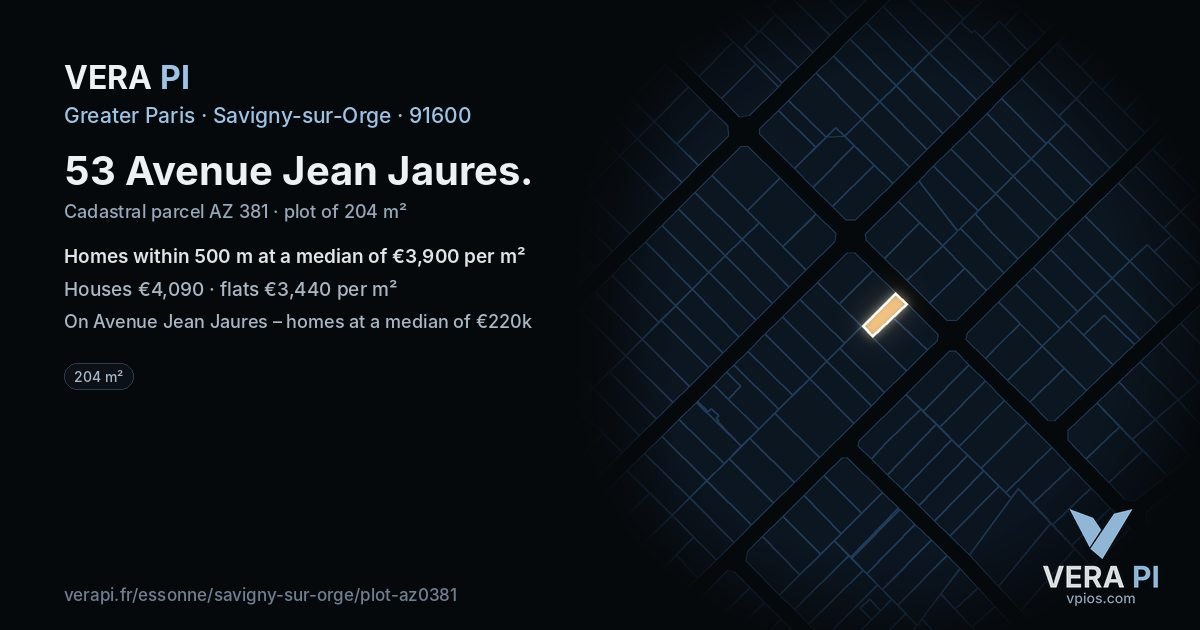 53 Avenue Jean Jaures, Savigny-sur-Orge at night – the plot lit, the parcels around coloured by the prices near them
