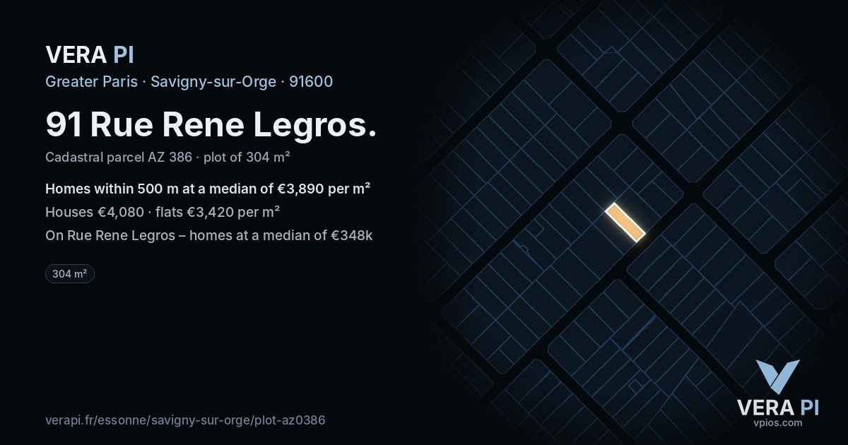 91 Rue Rene Legros, Savigny-sur-Orge at night – the plot lit, the parcels around coloured by the prices near them