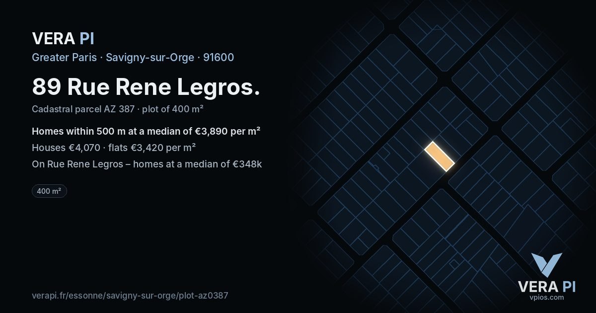 89 Rue Rene Legros, Savigny-sur-Orge at night – the plot lit, the parcels around coloured by the prices near them