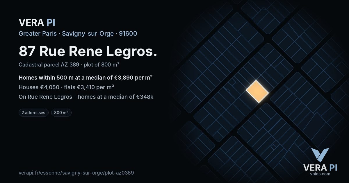 87 Rue Rene Legros, Savigny-sur-Orge at night – the plot lit, the parcels around coloured by the prices near them
