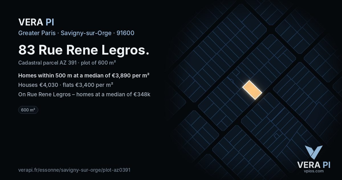 83 Rue Rene Legros, Savigny-sur-Orge at night – the plot lit, the parcels around coloured by the prices near them
