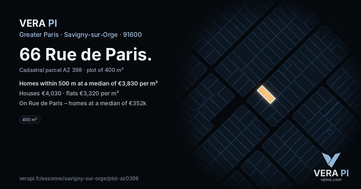 66 Rue de Paris, Savigny-sur-Orge at night – the plot lit, the parcels around coloured by the prices near them