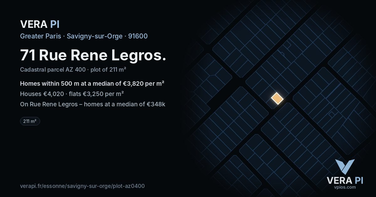 71 Rue Rene Legros, Savigny-sur-Orge at night – the plot lit, the parcels around coloured by the prices near them