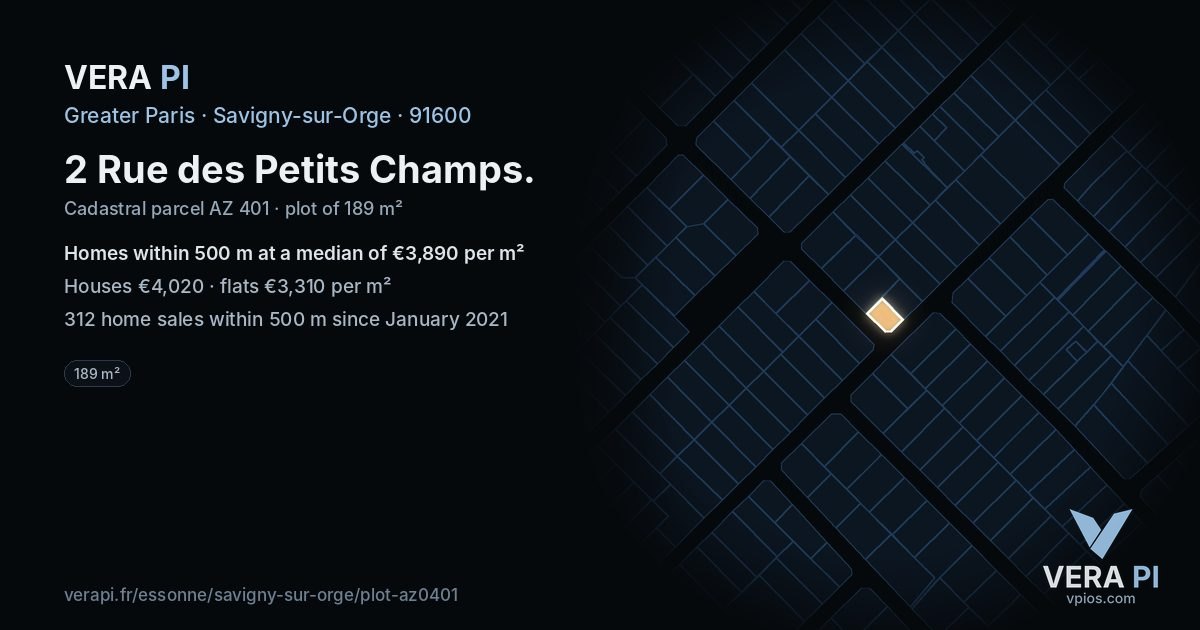 2 Rue des Petits Champs, Savigny-sur-Orge at night – the plot lit, the parcels around coloured by the prices near them