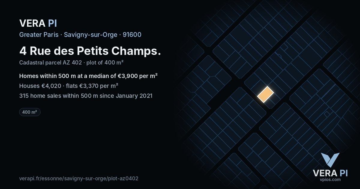 4 Rue des Petits Champs, Savigny-sur-Orge at night – the plot lit, the parcels around coloured by the prices near them