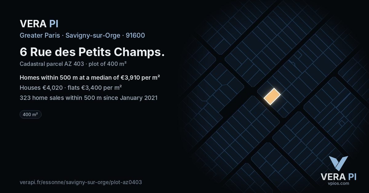 6 Rue des Petits Champs, Savigny-sur-Orge at night – the plot lit, the parcels around coloured by the prices near them