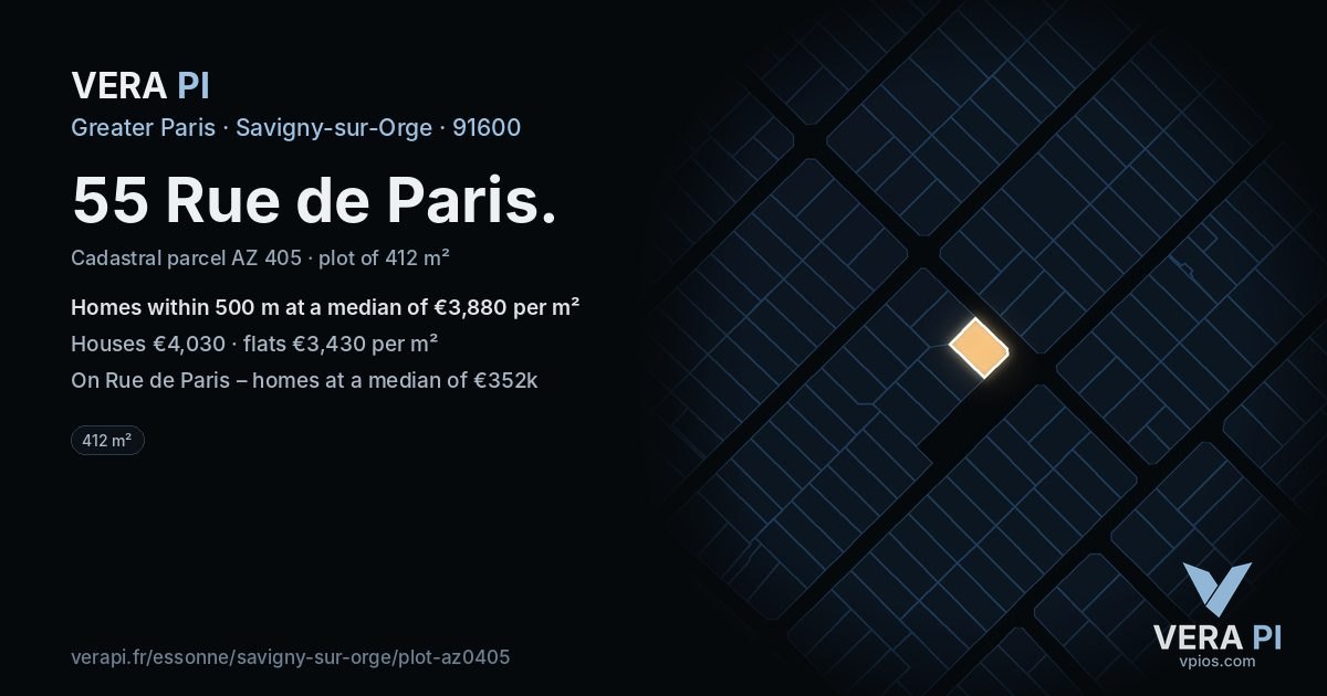 55 Rue de Paris, Savigny-sur-Orge at night – the plot lit, the parcels around coloured by the prices near them