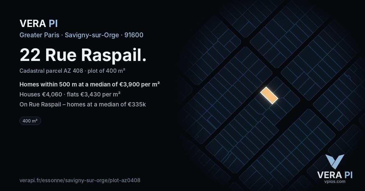 22 Rue Raspail, Savigny-sur-Orge at night – the plot lit, the parcels around coloured by the prices near them