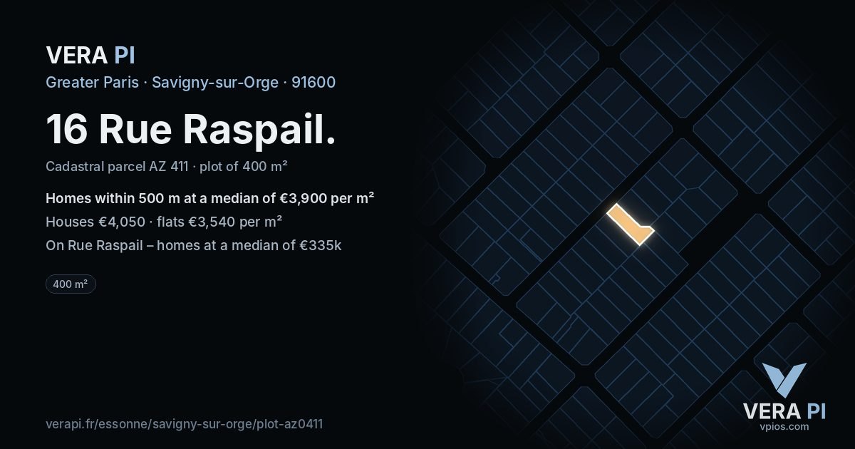 16 Rue Raspail, Savigny-sur-Orge at night – the plot lit, the parcels around coloured by the prices near them