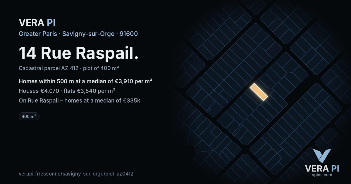 14 Rue Raspail, Savigny-sur-Orge at night – the plot lit, the parcels around coloured by the prices near them