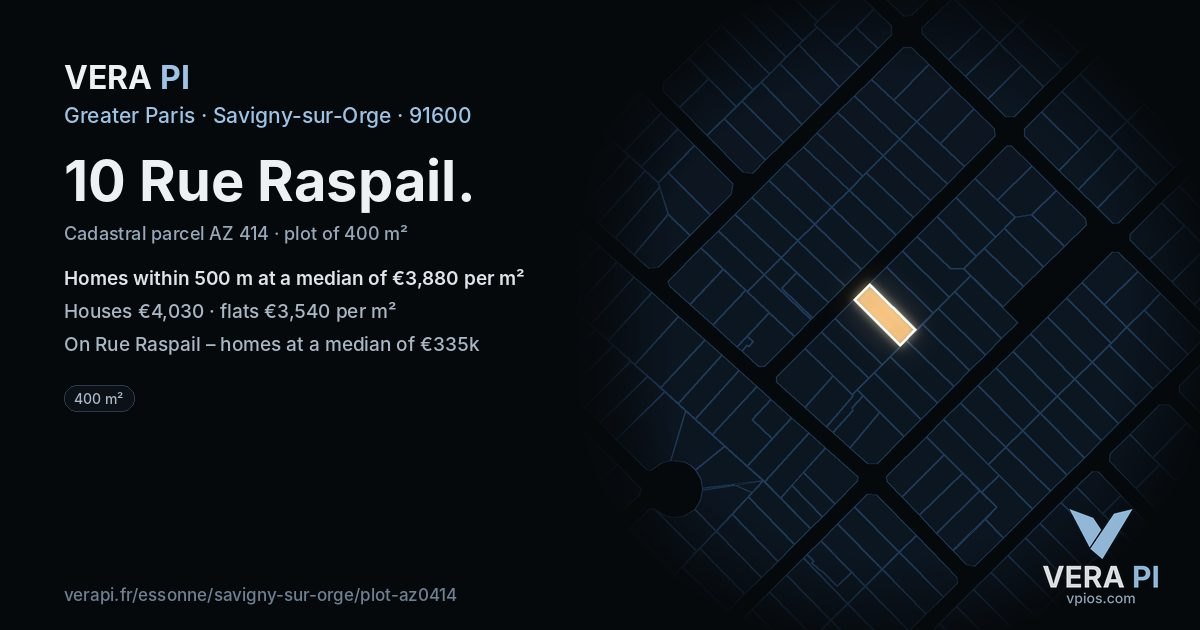 10 Rue Raspail, Savigny-sur-Orge at night – the plot lit, the parcels around coloured by the prices near them