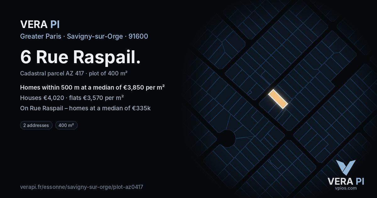 6 Rue Raspail, Savigny-sur-Orge at night – the plot lit, the parcels around coloured by the prices near them
