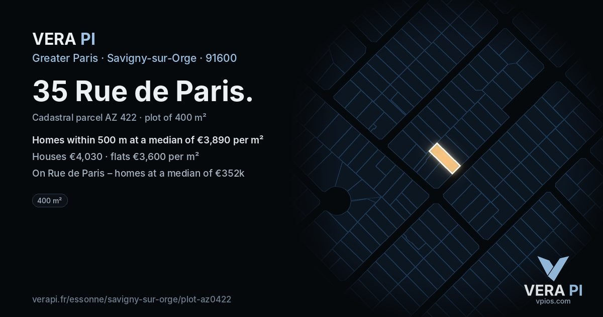 35 Rue de Paris, Savigny-sur-Orge at night – the plot lit, the parcels around coloured by the prices near them