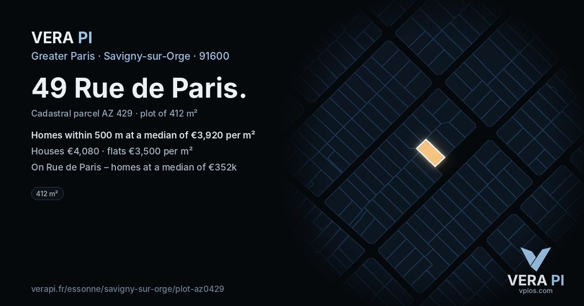 49 Rue de Paris, Savigny-sur-Orge at night – the plot lit, the parcels around coloured by the prices near them