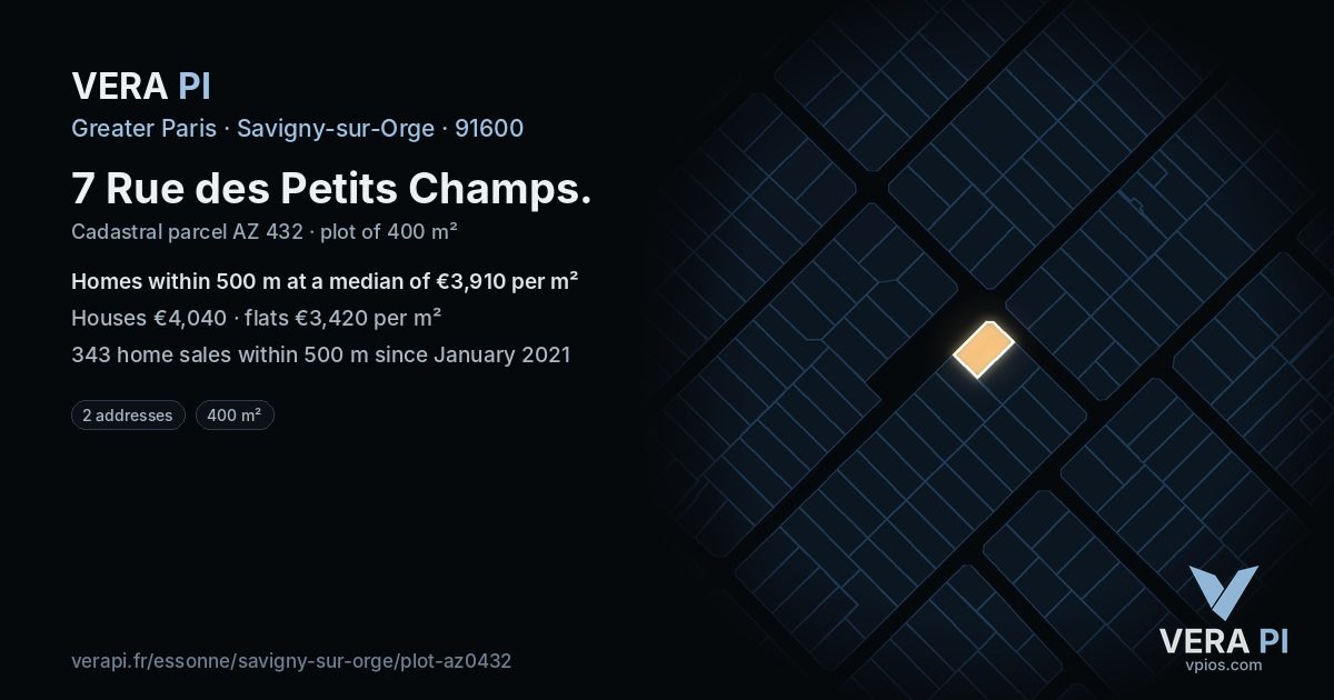 7 Rue des Petits Champs, Savigny-sur-Orge at night – the plot lit, the parcels around coloured by the prices near them