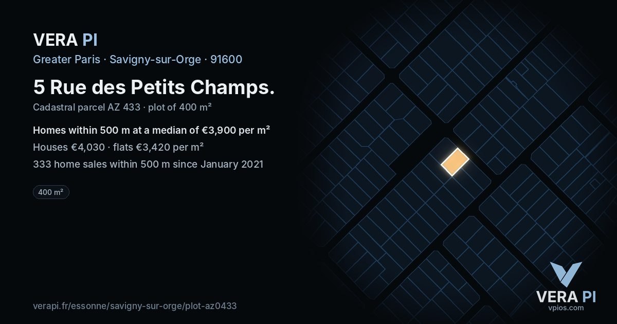 5 Rue des Petits Champs, Savigny-sur-Orge at night – the plot lit, the parcels around coloured by the prices near them