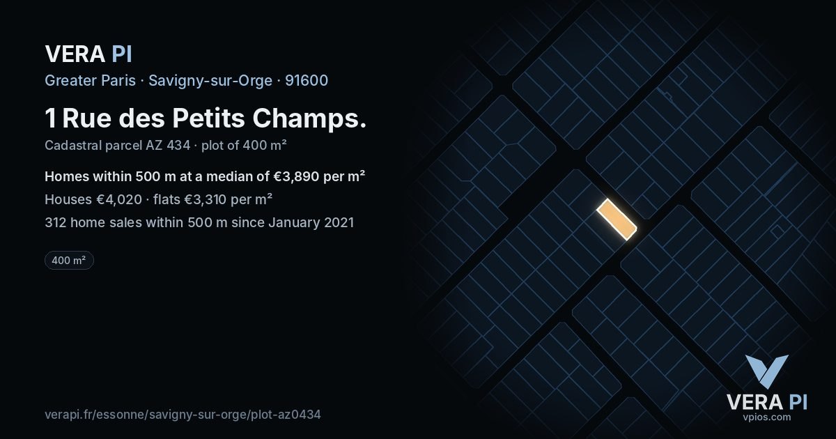 1 Rue des Petits Champs, Savigny-sur-Orge at night – the plot lit, the parcels around coloured by the prices near them