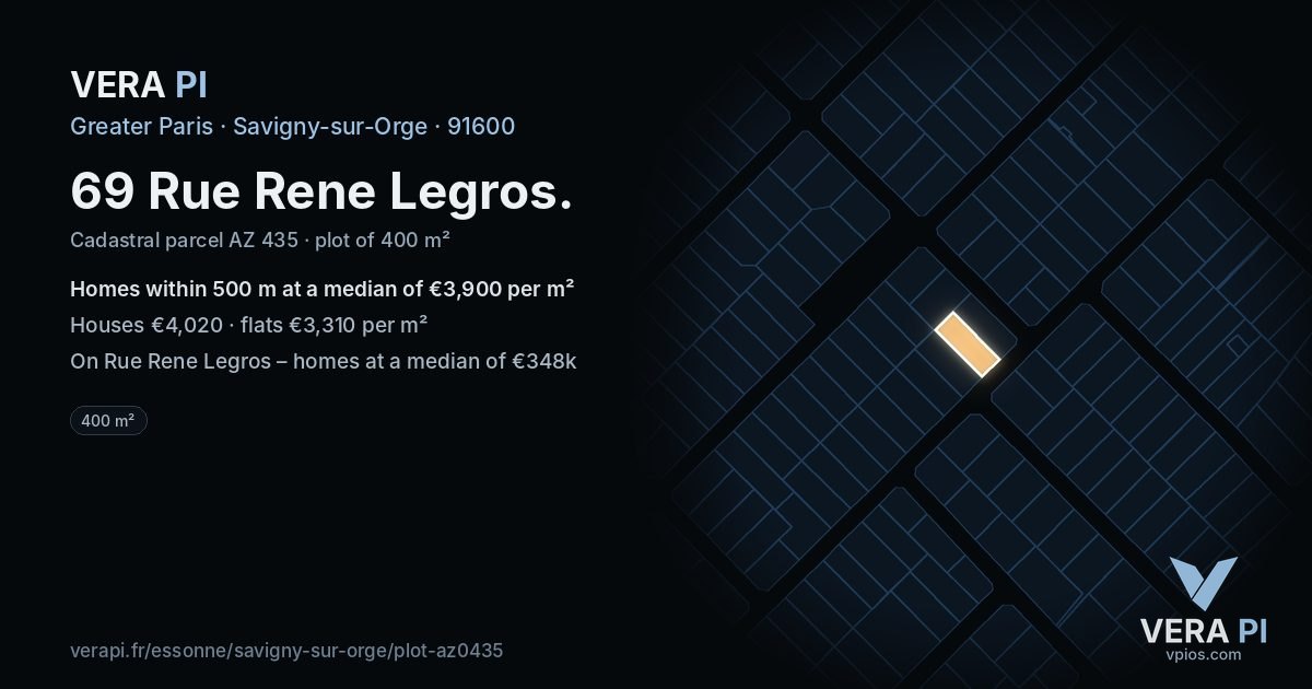 69 Rue Rene Legros, Savigny-sur-Orge at night – the plot lit, the parcels around coloured by the prices near them