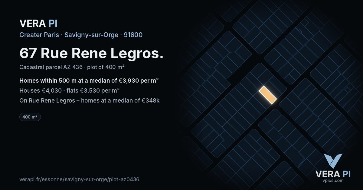 67 Rue Rene Legros, Savigny-sur-Orge at night – the plot lit, the parcels around coloured by the prices near them