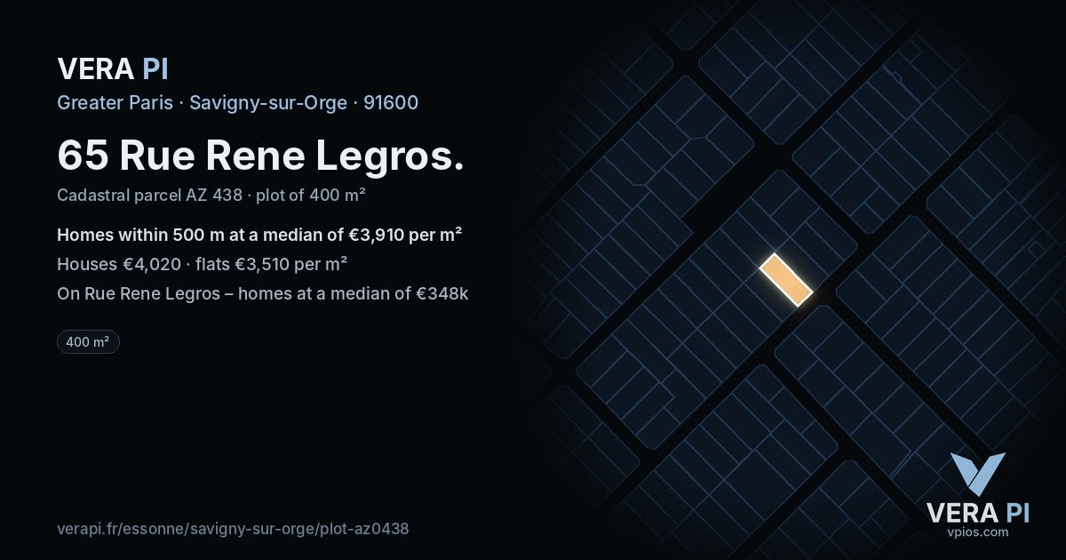 65 Rue Rene Legros, Savigny-sur-Orge at night – the plot lit, the parcels around coloured by the prices near them
