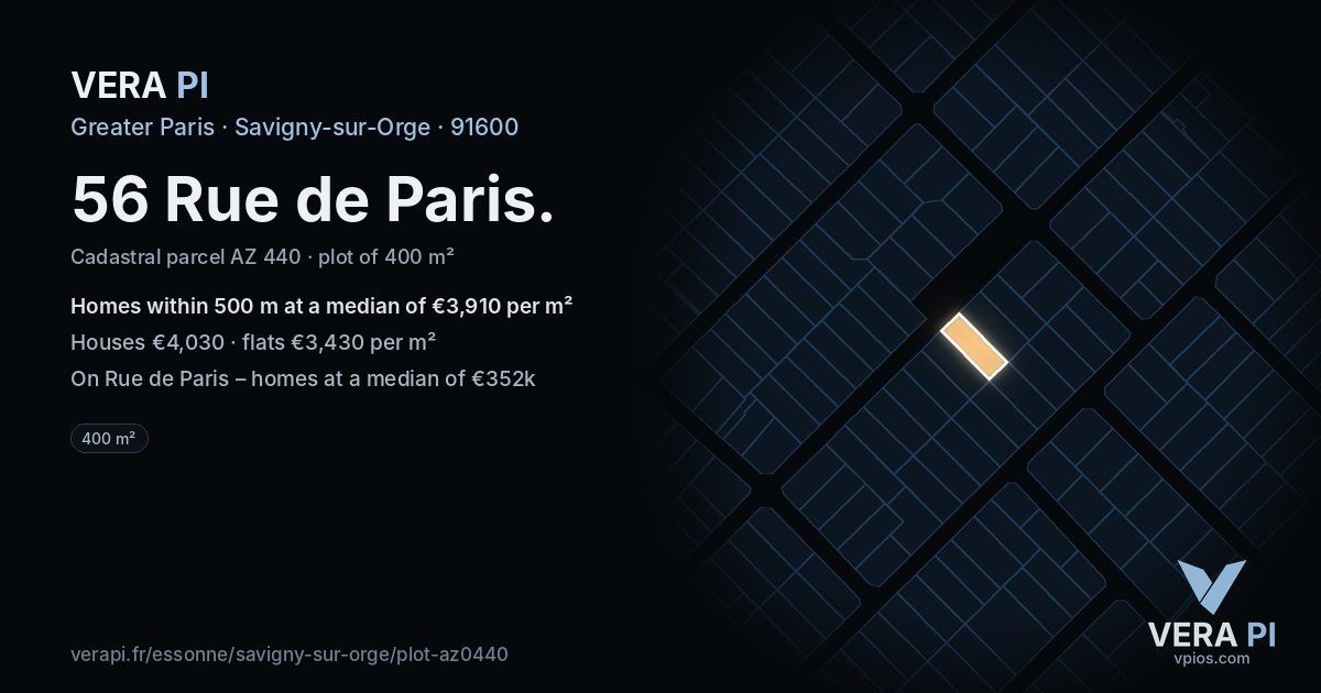 56 Rue de Paris, Savigny-sur-Orge at night – the plot lit, the parcels around coloured by the prices near them