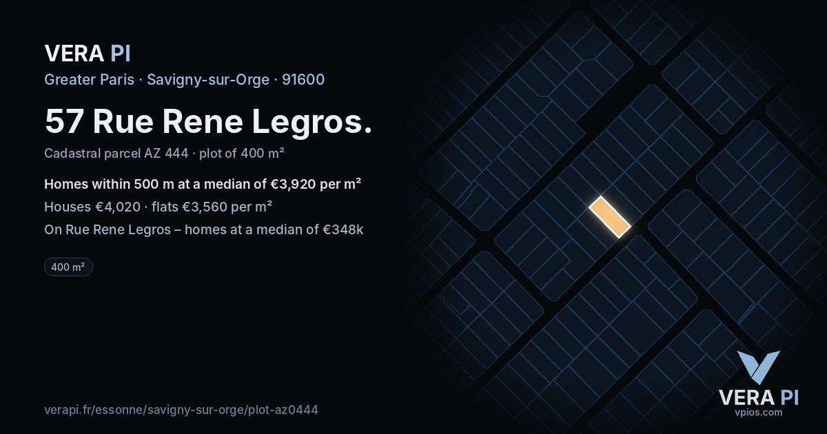 57 Rue Rene Legros, Savigny-sur-Orge at night – the plot lit, the parcels around coloured by the prices near them