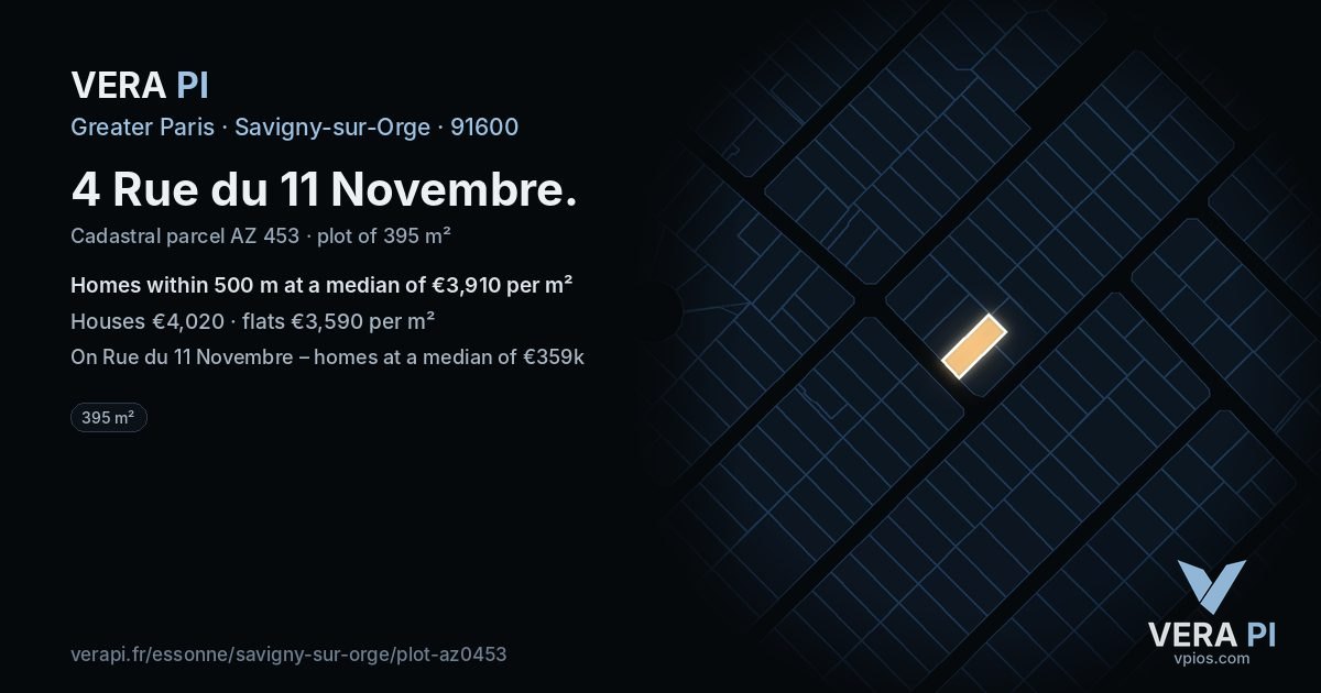 4 Rue du 11 Novembre, Savigny-sur-Orge at night – the plot lit, the parcels around coloured by the prices near them