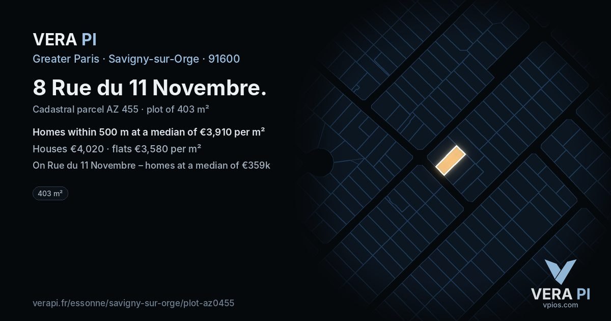8 Rue du 11 Novembre, Savigny-sur-Orge at night – the plot lit, the parcels around coloured by the prices near them