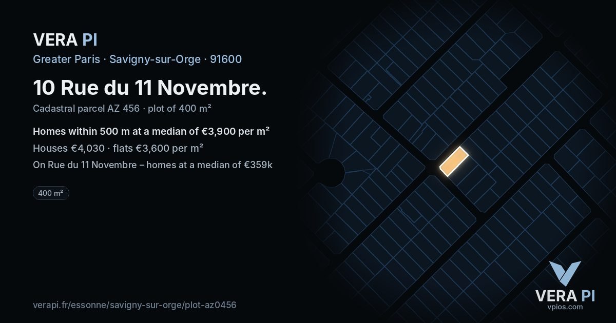 10 Rue du 11 Novembre, Savigny-sur-Orge at night – the plot lit, the parcels around coloured by the prices near them