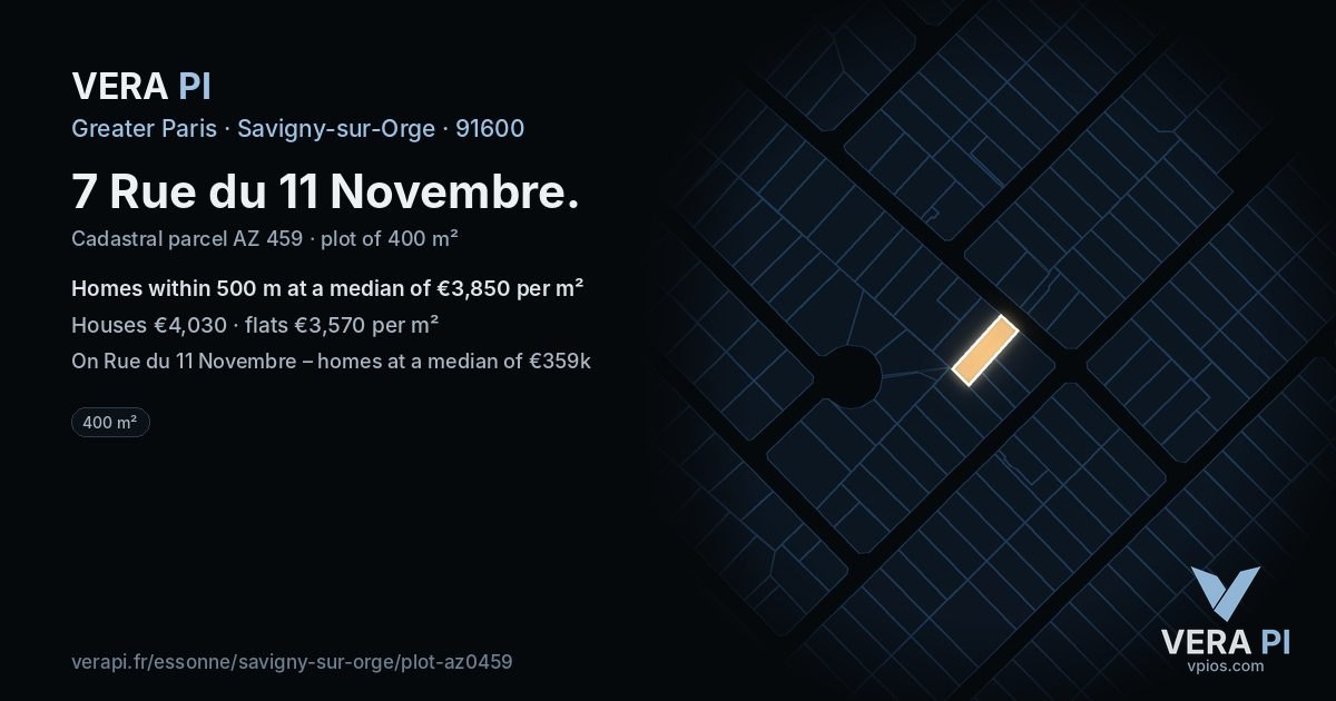 7 Rue du 11 Novembre, Savigny-sur-Orge at night – the plot lit, the parcels around coloured by the prices near them