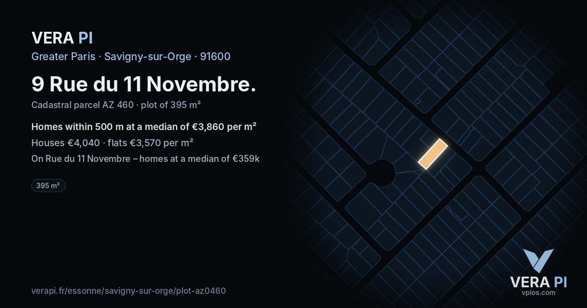 9 Rue du 11 Novembre, Savigny-sur-Orge at night – the plot lit, the parcels around coloured by the prices near them