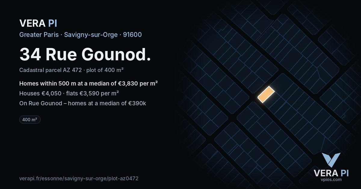 34 Rue Gounod, Savigny-sur-Orge at night – the plot lit, the parcels around coloured by the prices near them