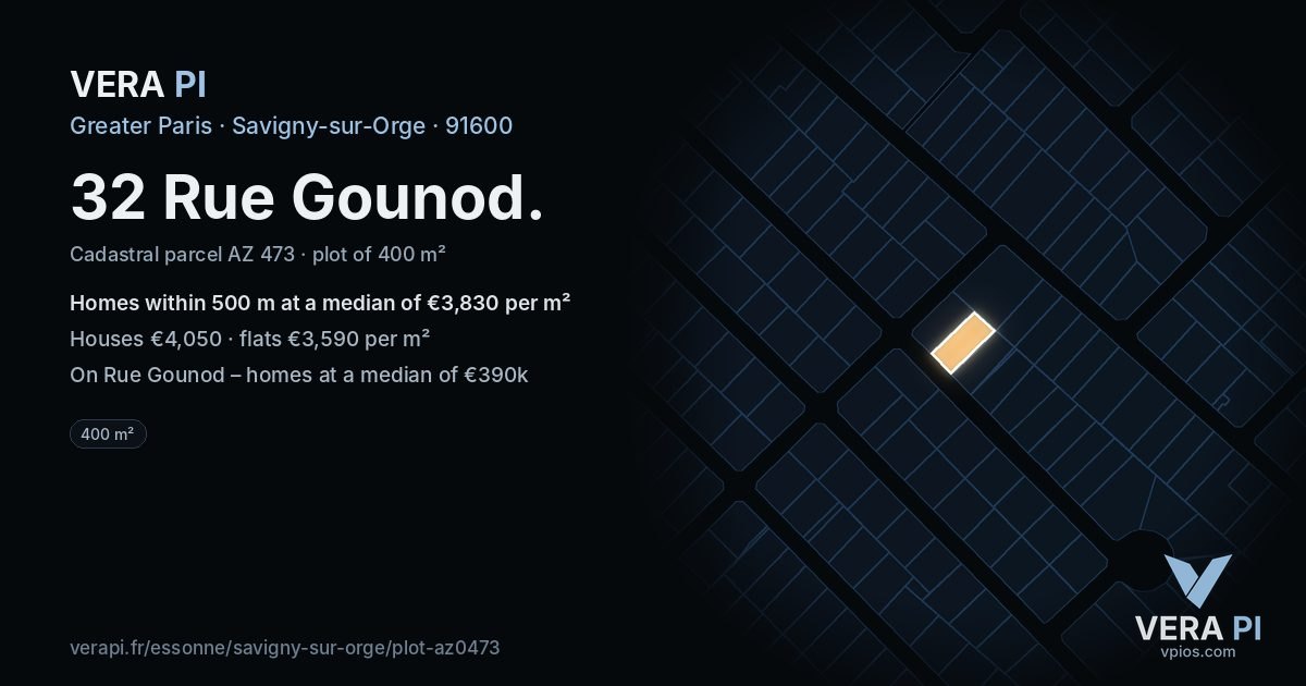 32 Rue Gounod, Savigny-sur-Orge at night – the plot lit, the parcels around coloured by the prices near them