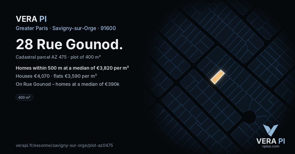 28 Rue Gounod, Savigny-sur-Orge at night – the plot lit, the parcels around coloured by the prices near them