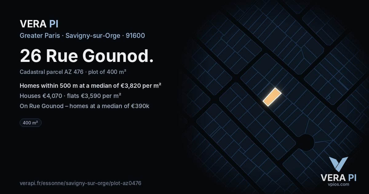 26 Rue Gounod, Savigny-sur-Orge at night – the plot lit, the parcels around coloured by the prices near them