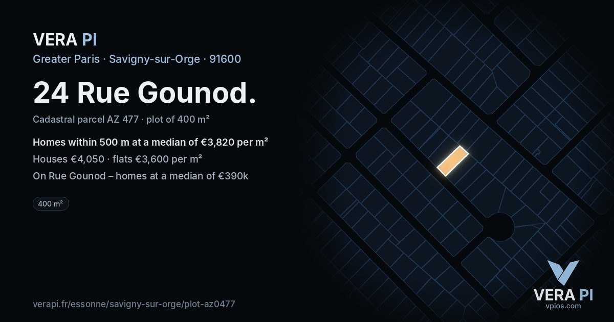 24 Rue Gounod, Savigny-sur-Orge at night – the plot lit, the parcels around coloured by the prices near them