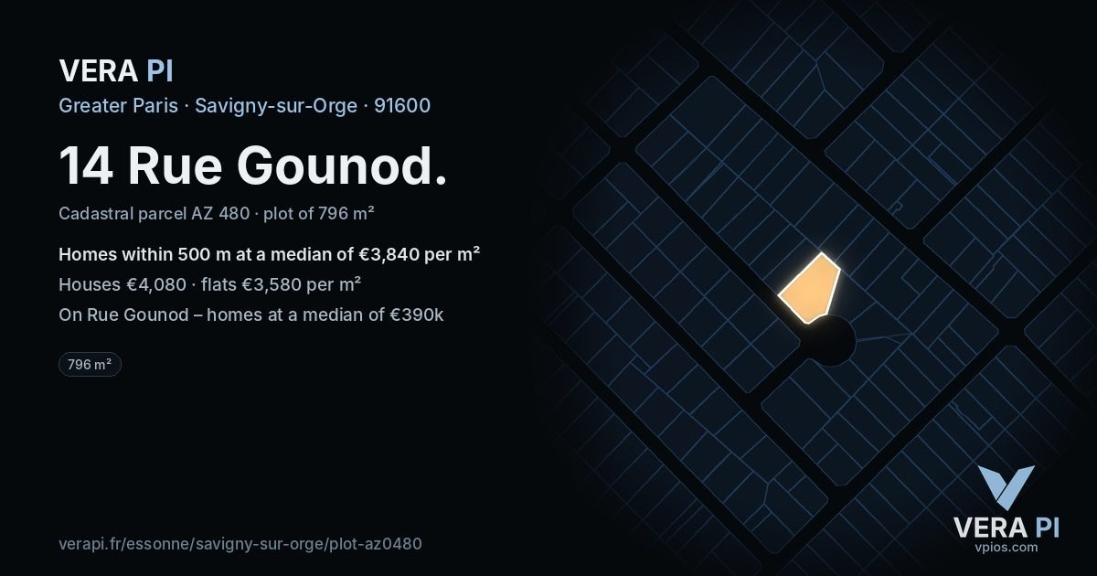14 Rue Gounod, Savigny-sur-Orge at night – the plot lit, the parcels around coloured by the prices near them