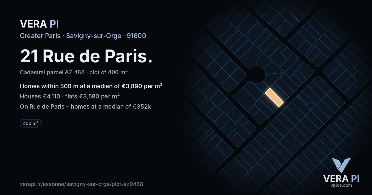 21 Rue de Paris, Savigny-sur-Orge at night – the plot lit, the parcels around coloured by the prices near them