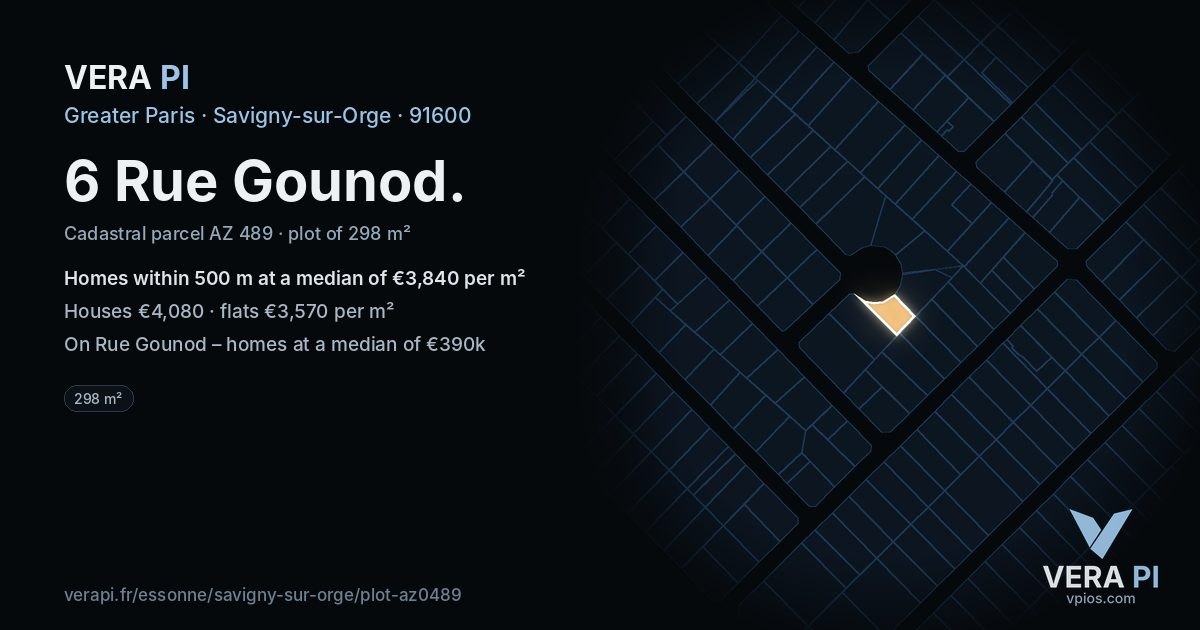 6 Rue Gounod, Savigny-sur-Orge at night – the plot lit, the parcels around coloured by the prices near them