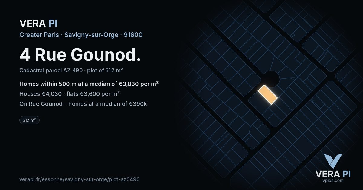 4 Rue Gounod, Savigny-sur-Orge at night – the plot lit, the parcels around coloured by the prices near them