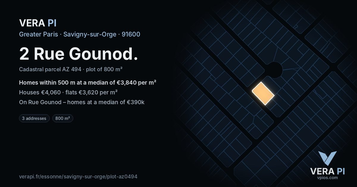 2 Rue Gounod, Savigny-sur-Orge at night – the plot lit, the parcels around coloured by the prices near them