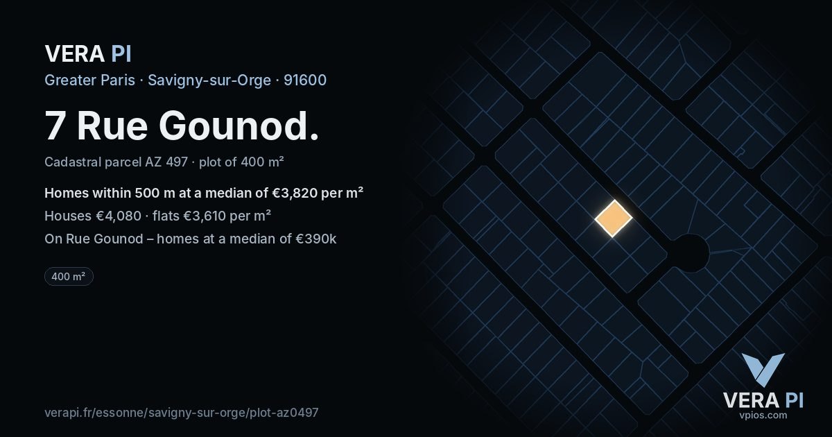 7 Rue Gounod, Savigny-sur-Orge at night – the plot lit, the parcels around coloured by the prices near them